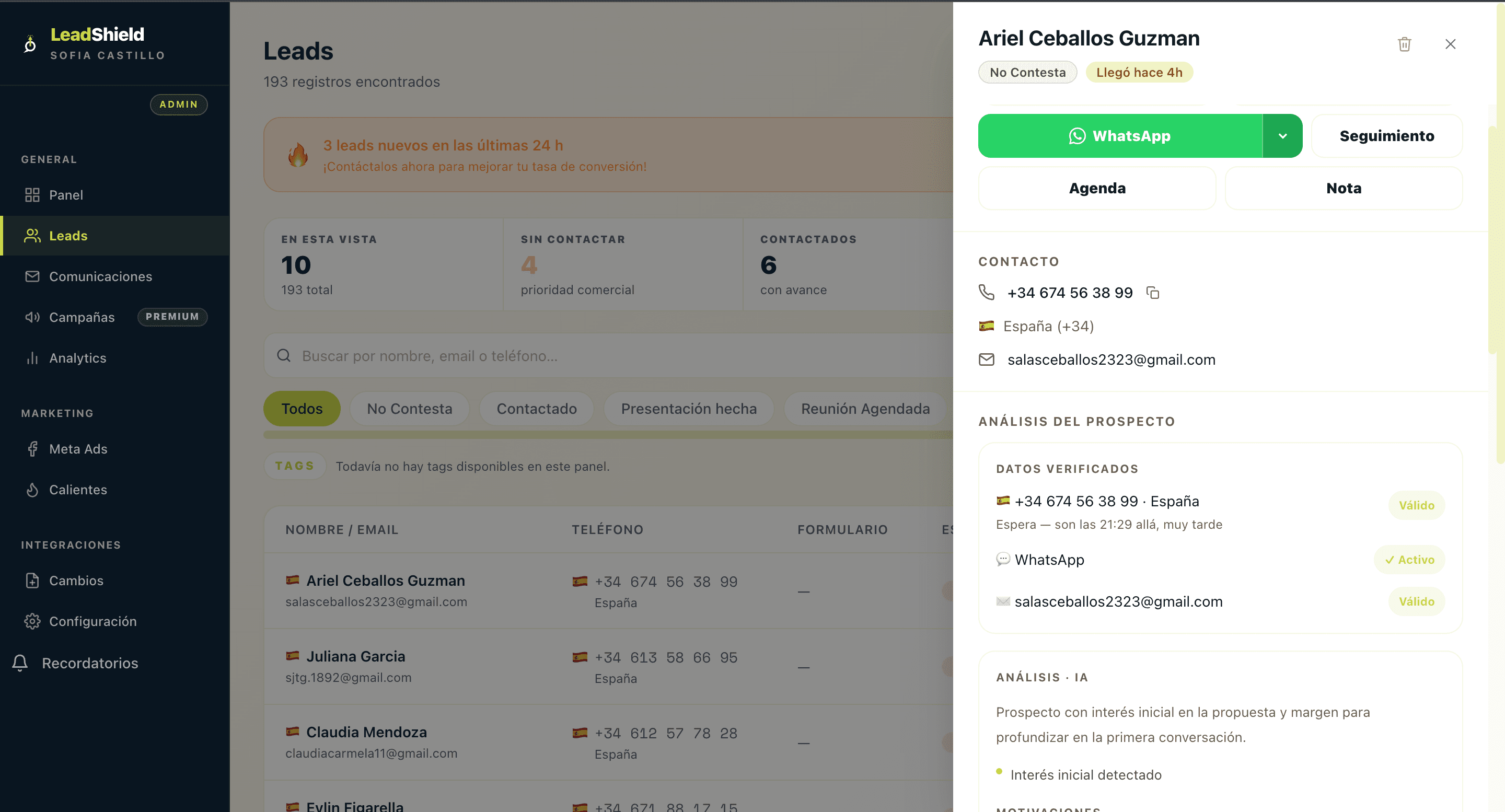 Detalle del prospecto dentro del CRM